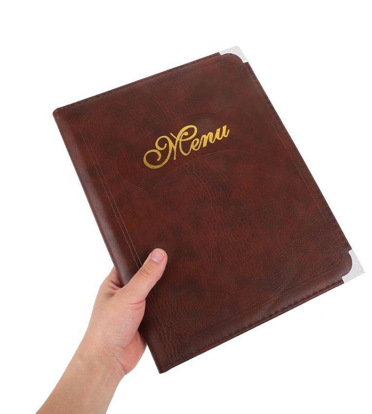 Porte-menu classique marron en similicuir 14 larges A4